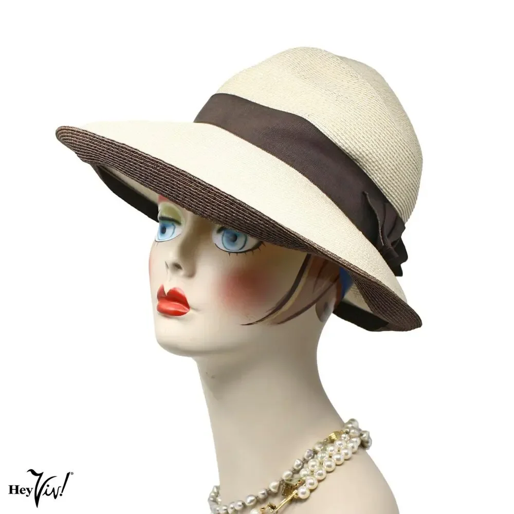 Vintage Wide Brim Straw Sun Hat Cream Brown Ribbon Summer Resort Chic - Hey Viv